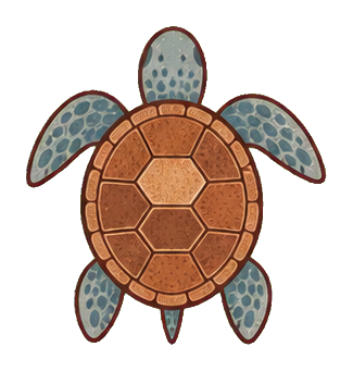 Dusty blue sea turtle with a patchwork shell and speckled flippers