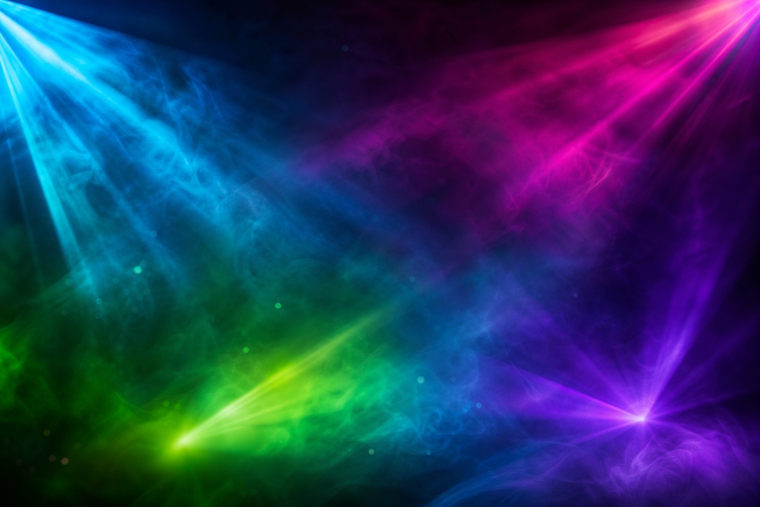 Abstract background with cyan, green, magenta, and violet light rays and haze