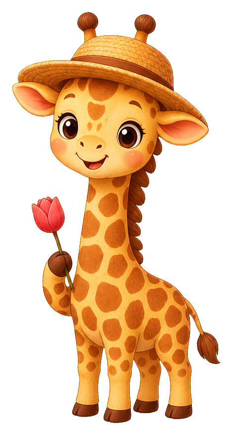 Cute giraffe wearing a straw gardener hat and holding a pink tulip