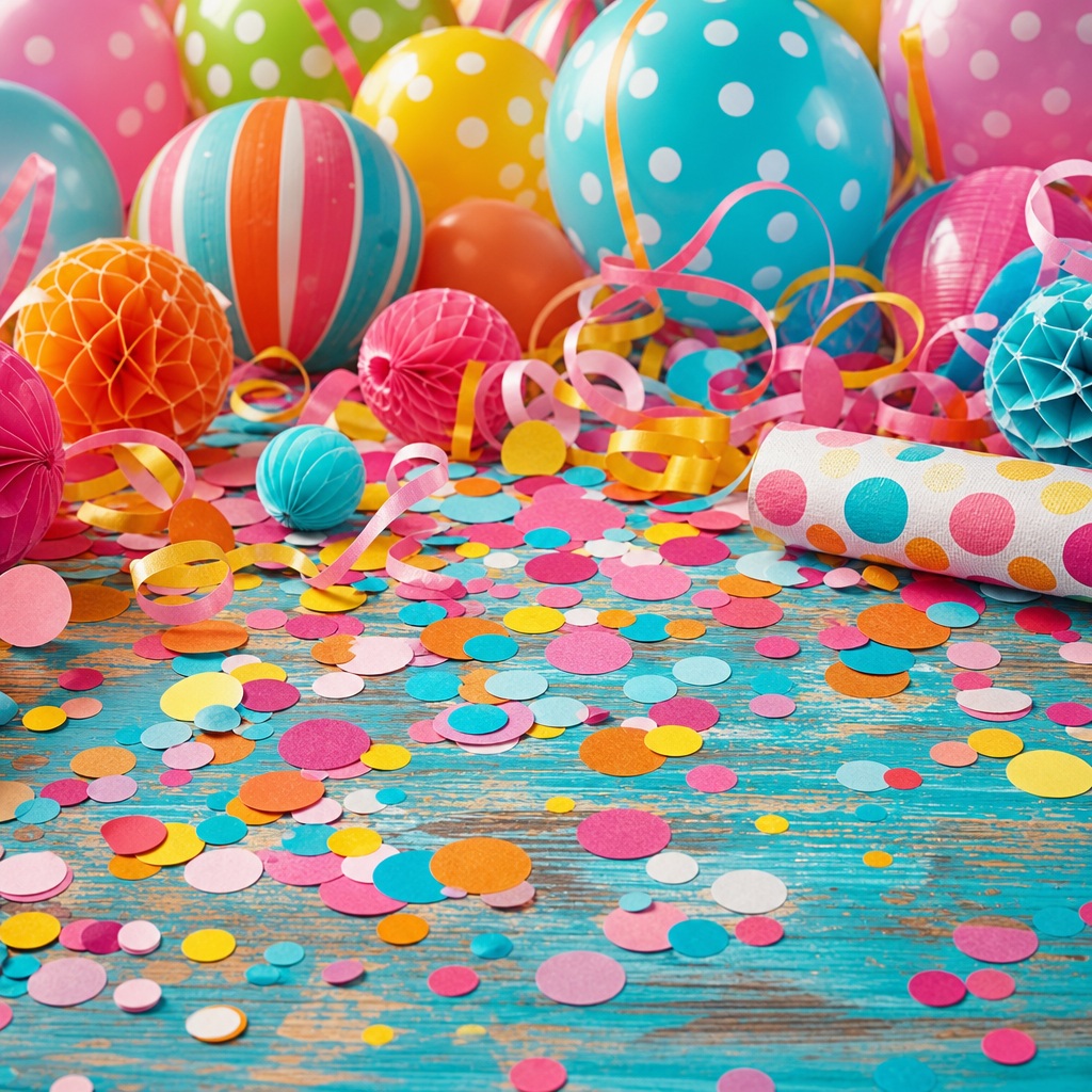 Colorful retro birthday confetti, balloons, candy, and scattered confetti on a blue surface