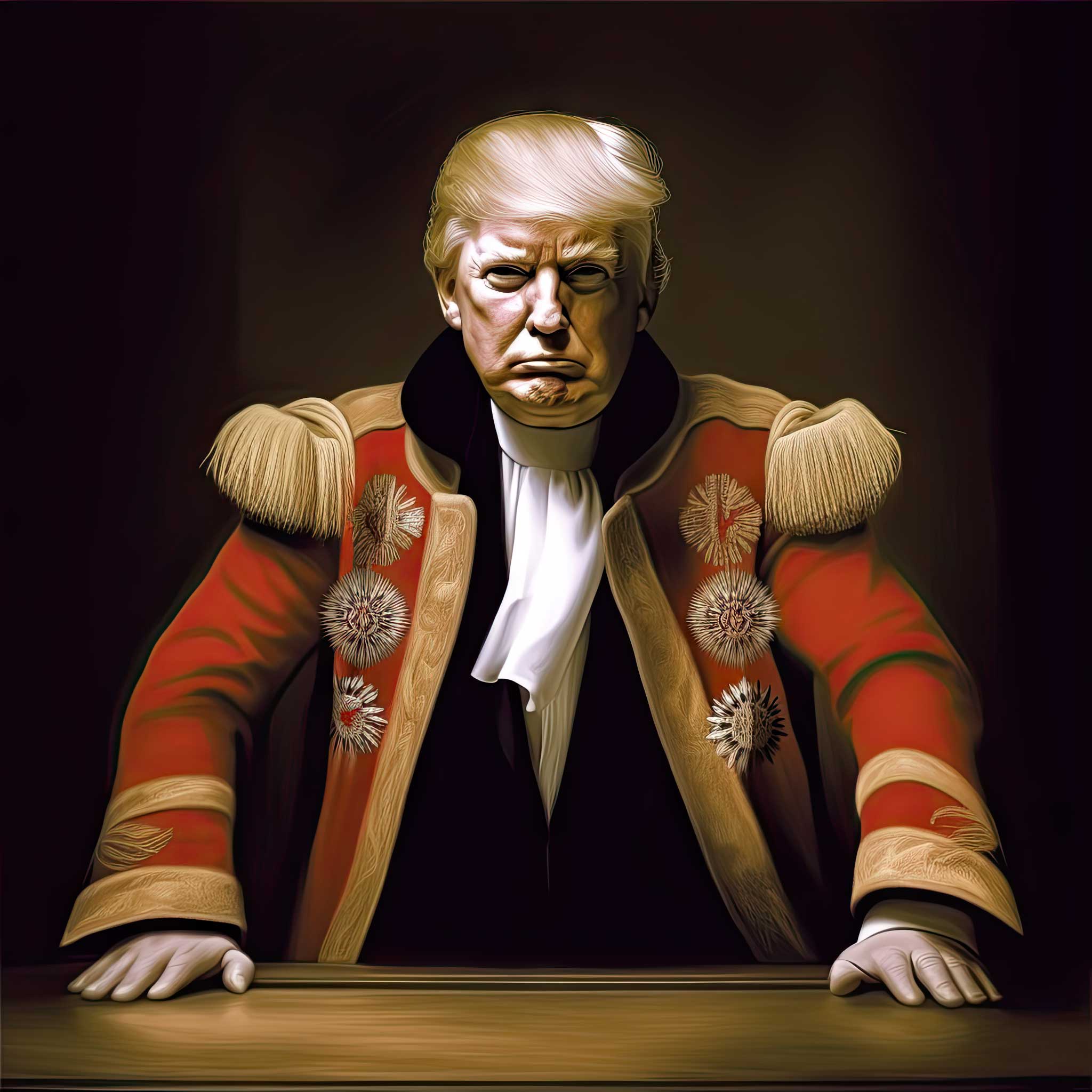 Donald Trump wearing a military-style uniform with red sleeves and gold shoulder details