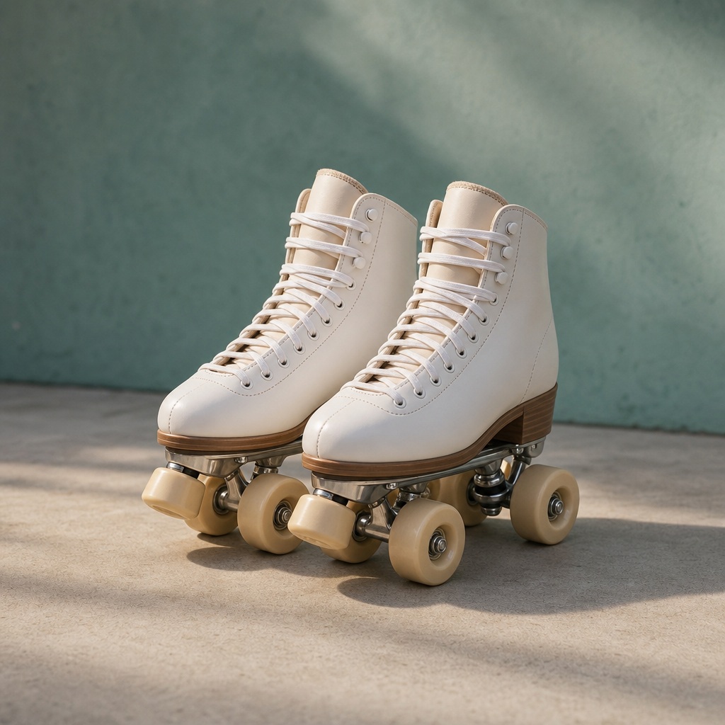 Pair of white quad roller skates on a concrete floor beside a teal wall