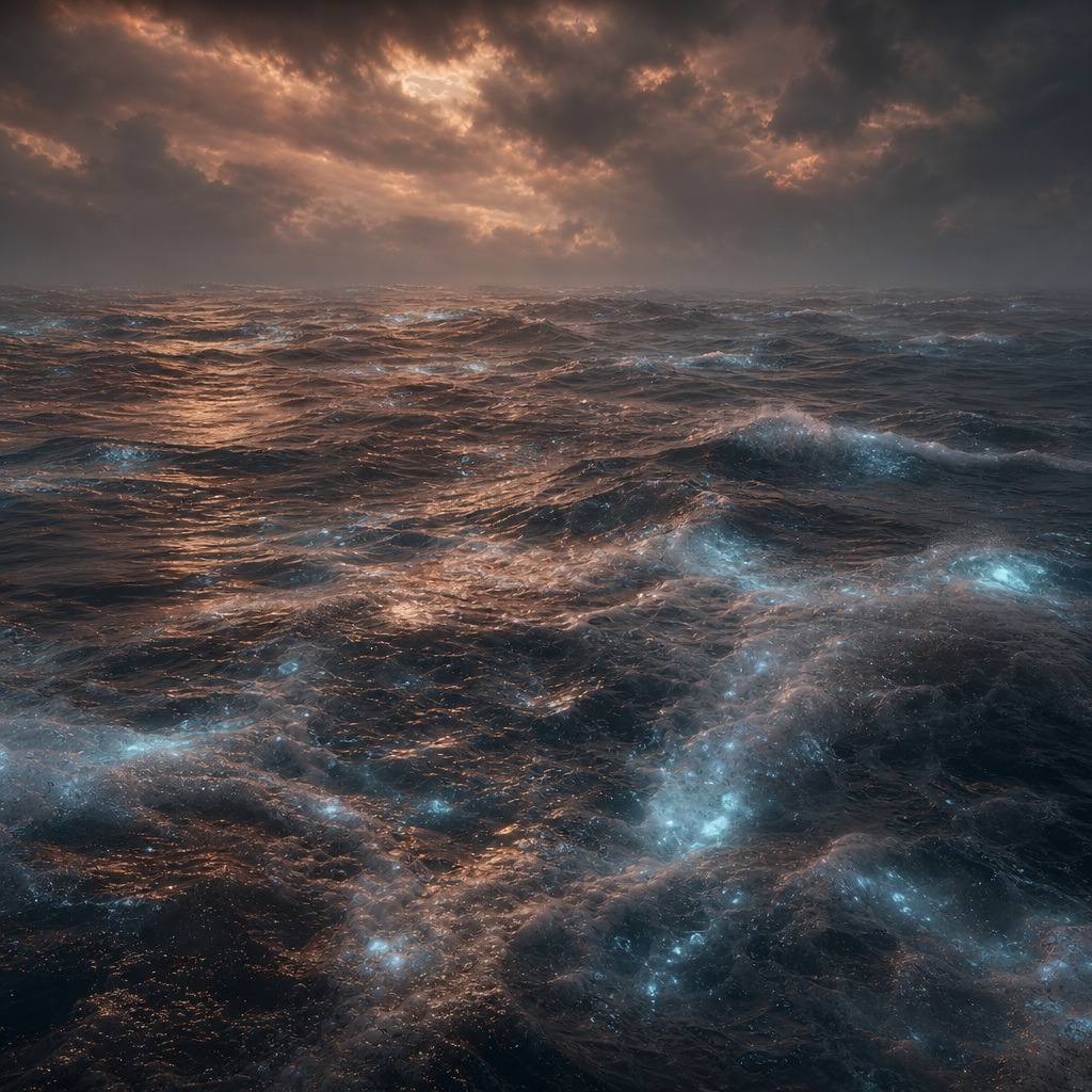 Cinematic ocean surface with copper storm clouds and glowing foam streaks
