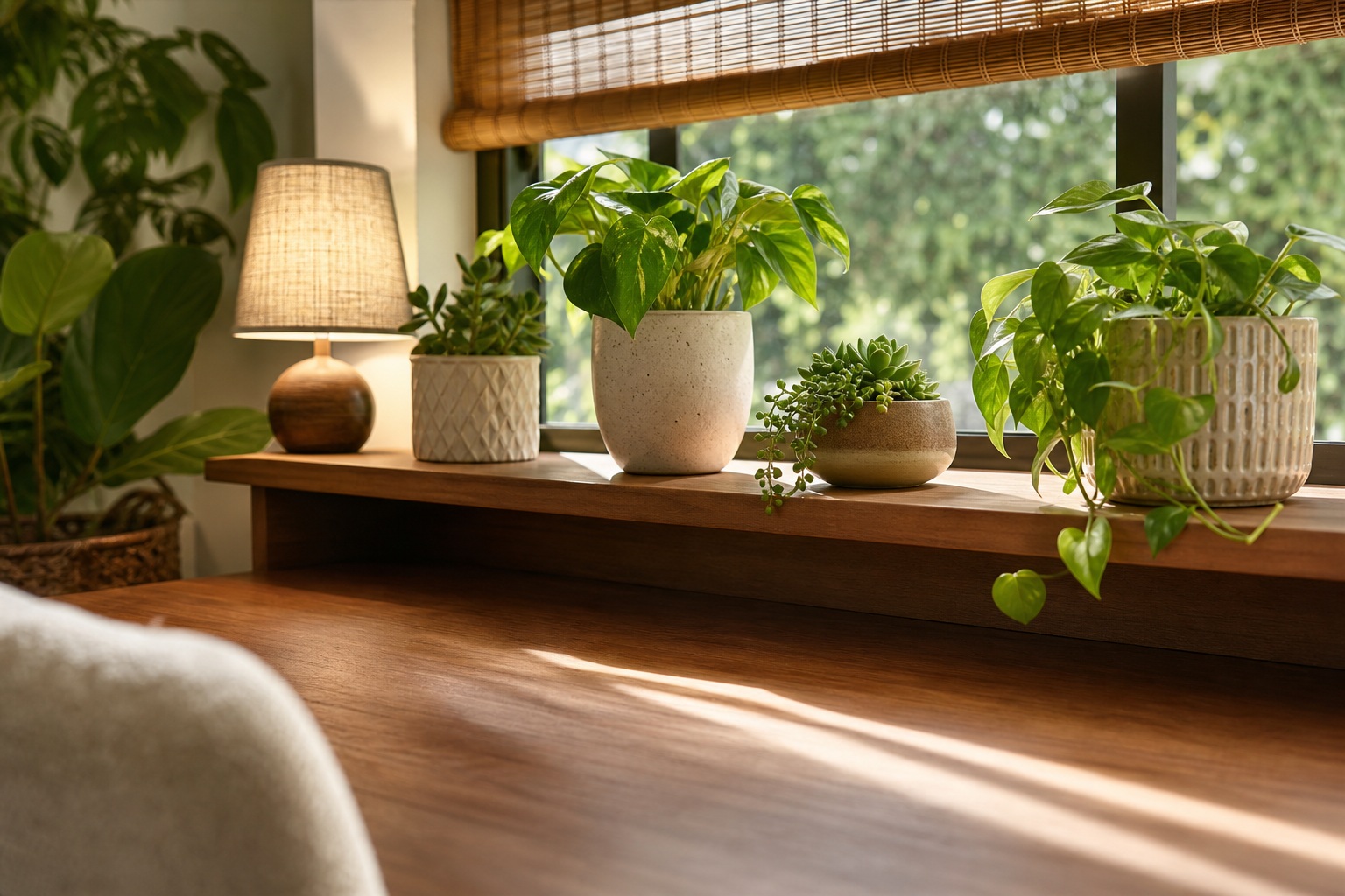 Minimal home office desk with plants, warm window light, and a lamp on a wooden surface.