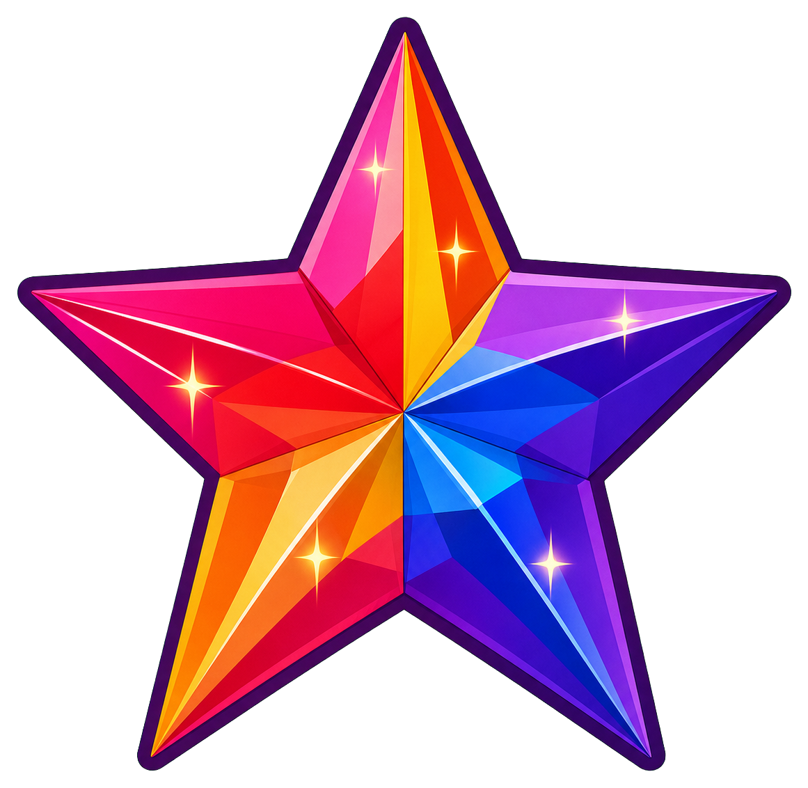 Bright rainbow-colored star sticker with glossy prism highlights