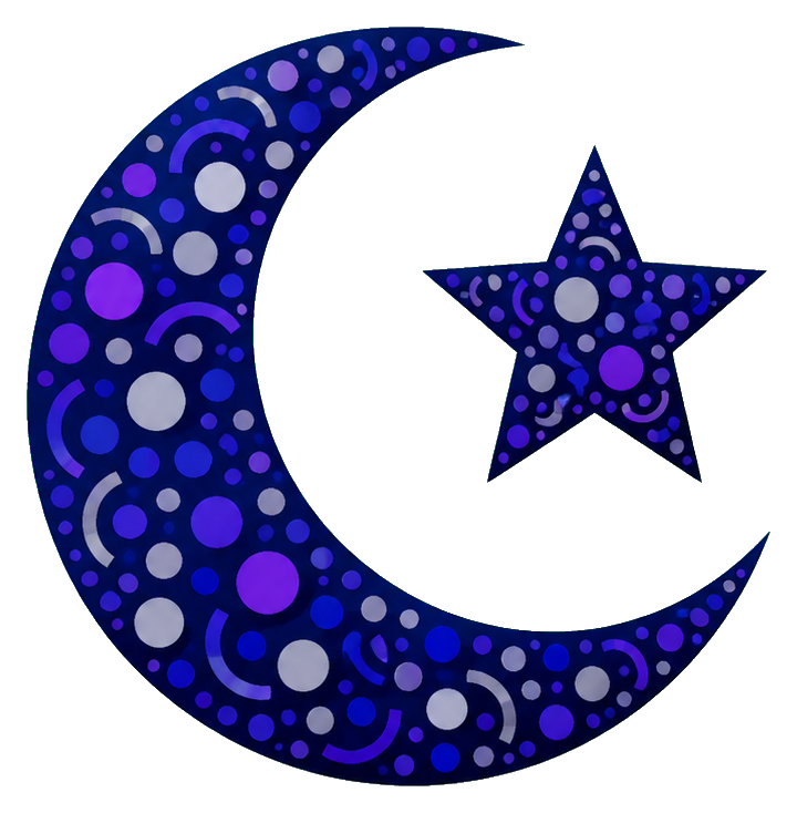 Blue crescent moon and star made of circular inlay patterns on black background