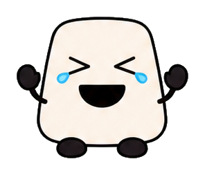 Cute square mascot with eyes squeezed shut and blue tears of laughter