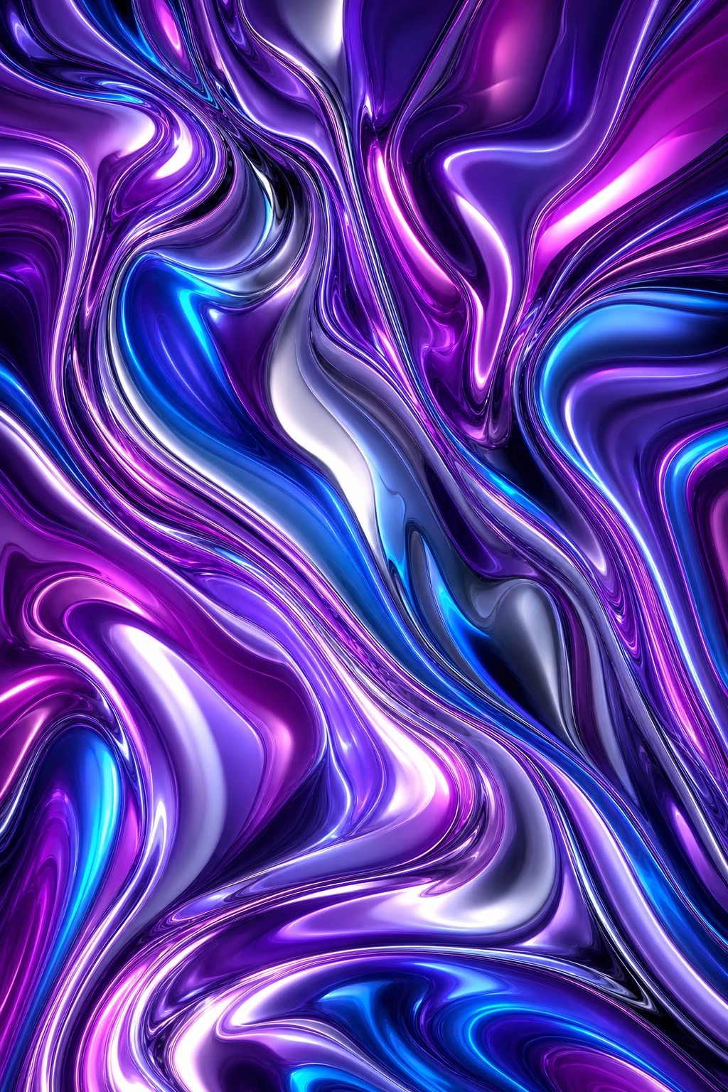 Abstract violet and blue liquid chrome swirls with a glossy reflective finish