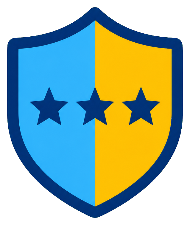 Blue and yellow shield badge with three dark stars across the center