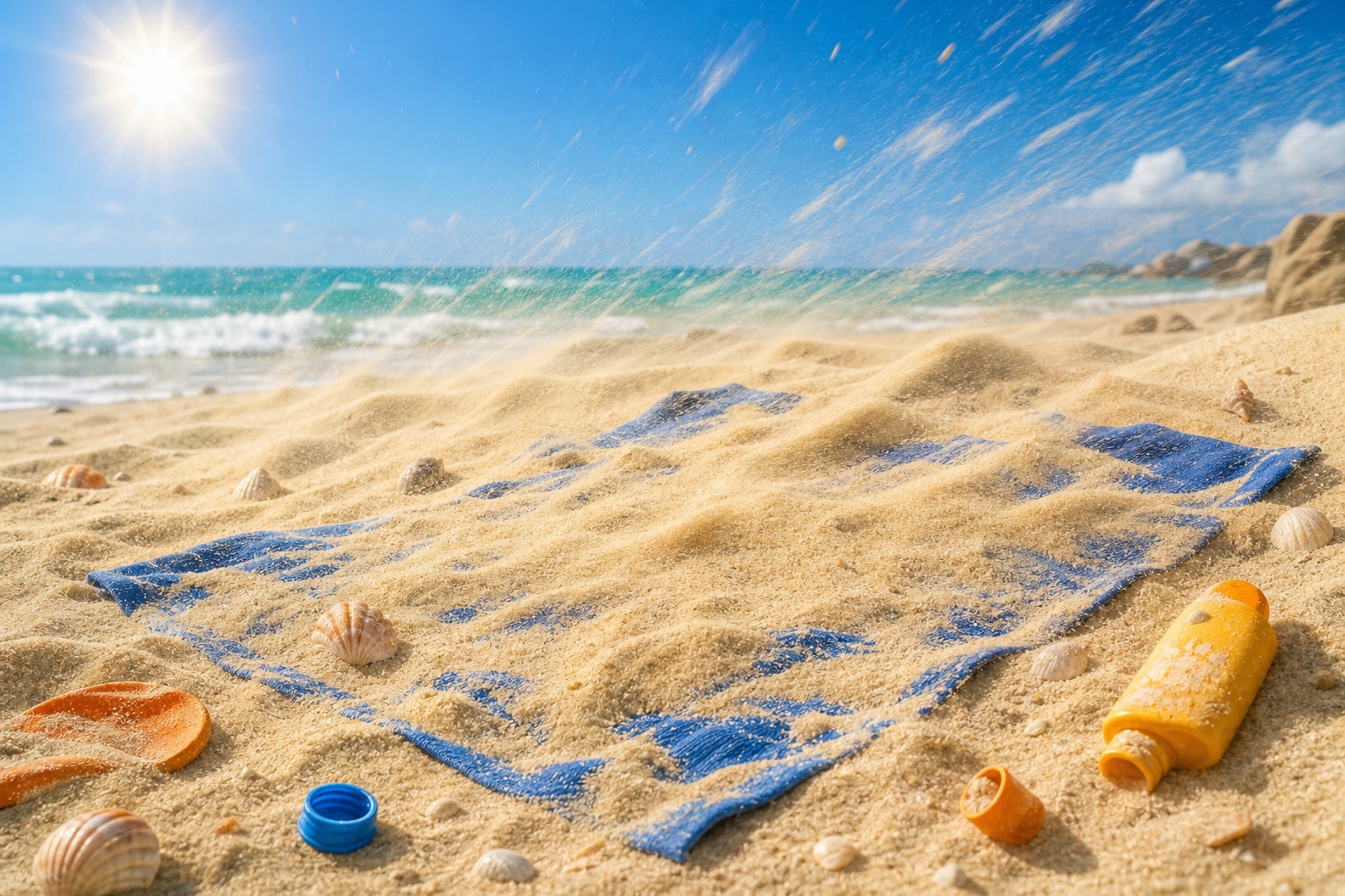 Sunny beach sand with a towel and scattered beach items under a bright blue sky.