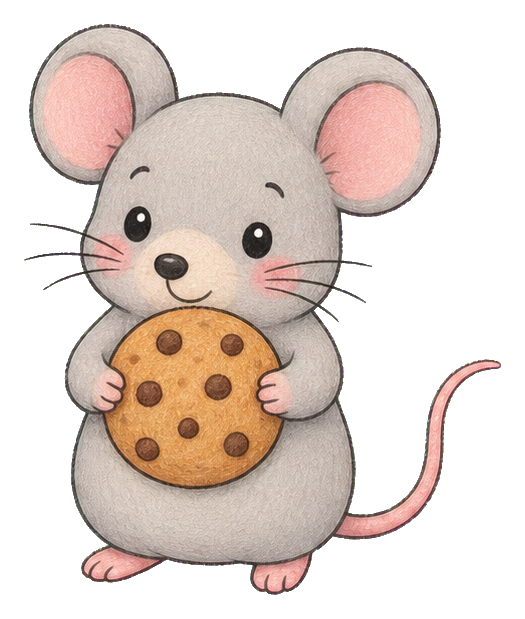 Cute gray mouse holding a chocolate chip cookie with pink ears and tail