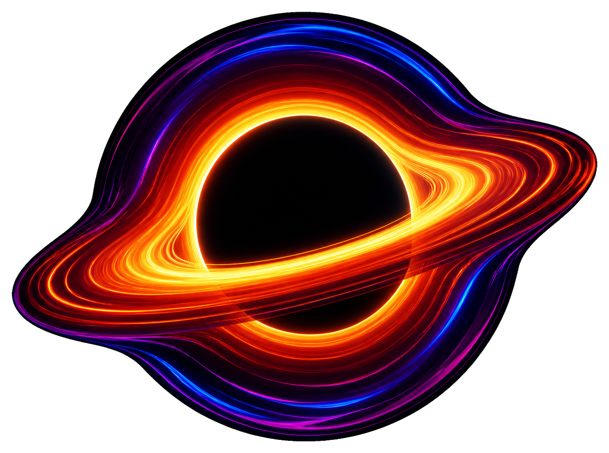 Glowing black hole with bright orange and purple rings on a black background