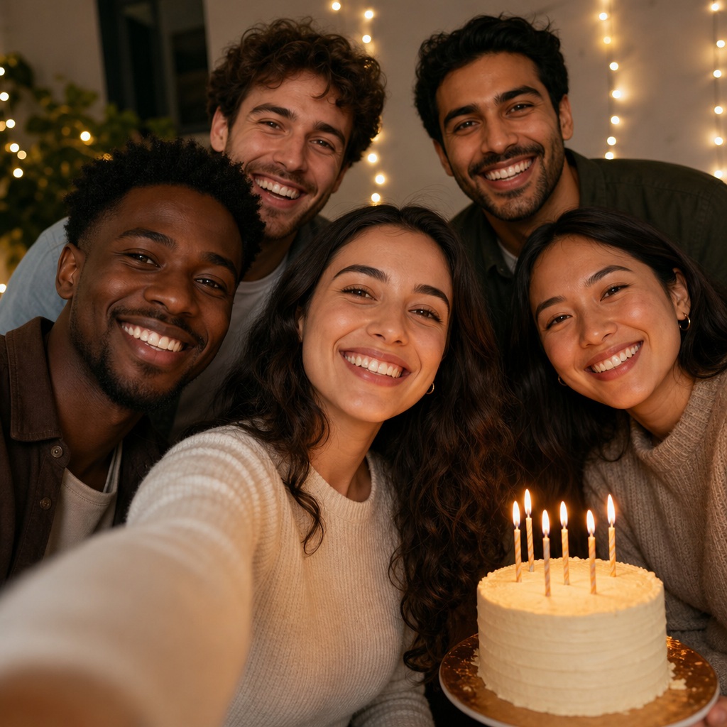 Smiling group selfie with a birthday cake and lit candles in warm indoor light.