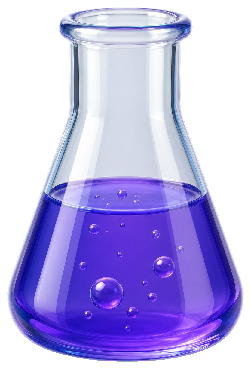 Purple science beaker with liquid and bubbles