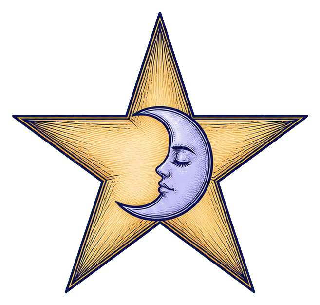 Gold star with a crescent moon face centered inside it