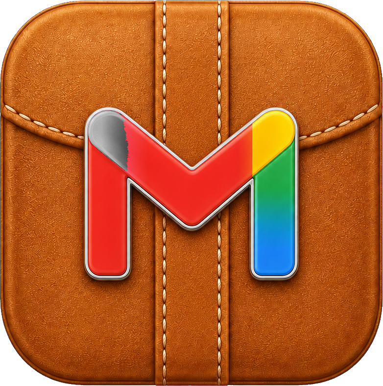 Caramel leather app icon with a colorful mail-style letter logo.
