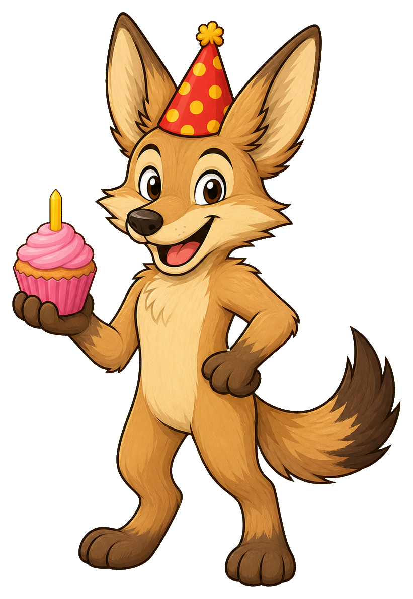 Smiling coyote wearing a party hat and holding a cupcake with a candle.