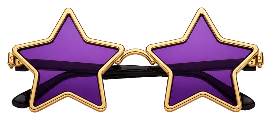 Purple star-shaped sunglasses with dark lenses and gold outline