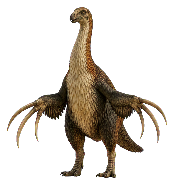 Realistic long-clawed therizinosaurus standing upright with long claws and brown feathers.