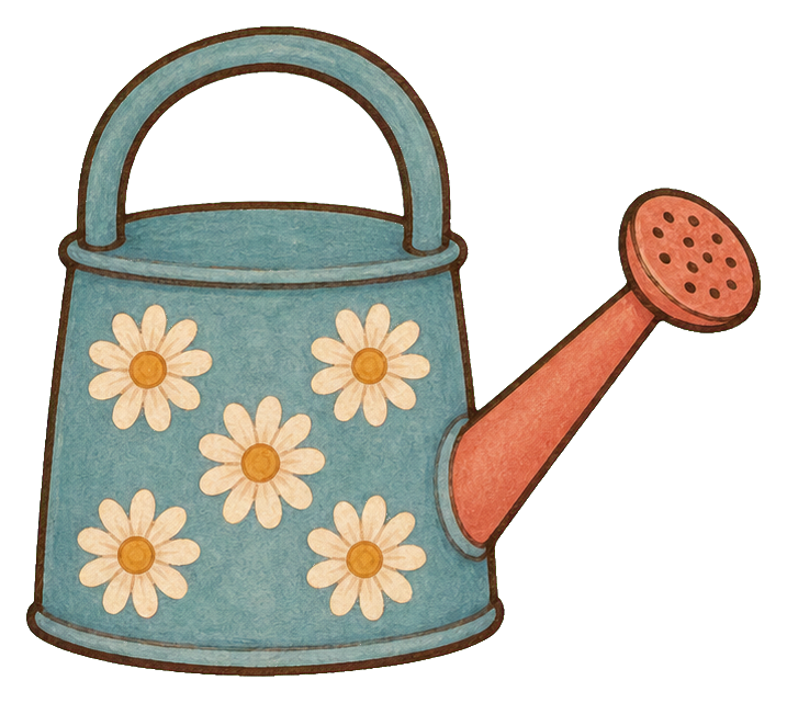 Dusty blue watering can with daisy flowers and an orange spout
