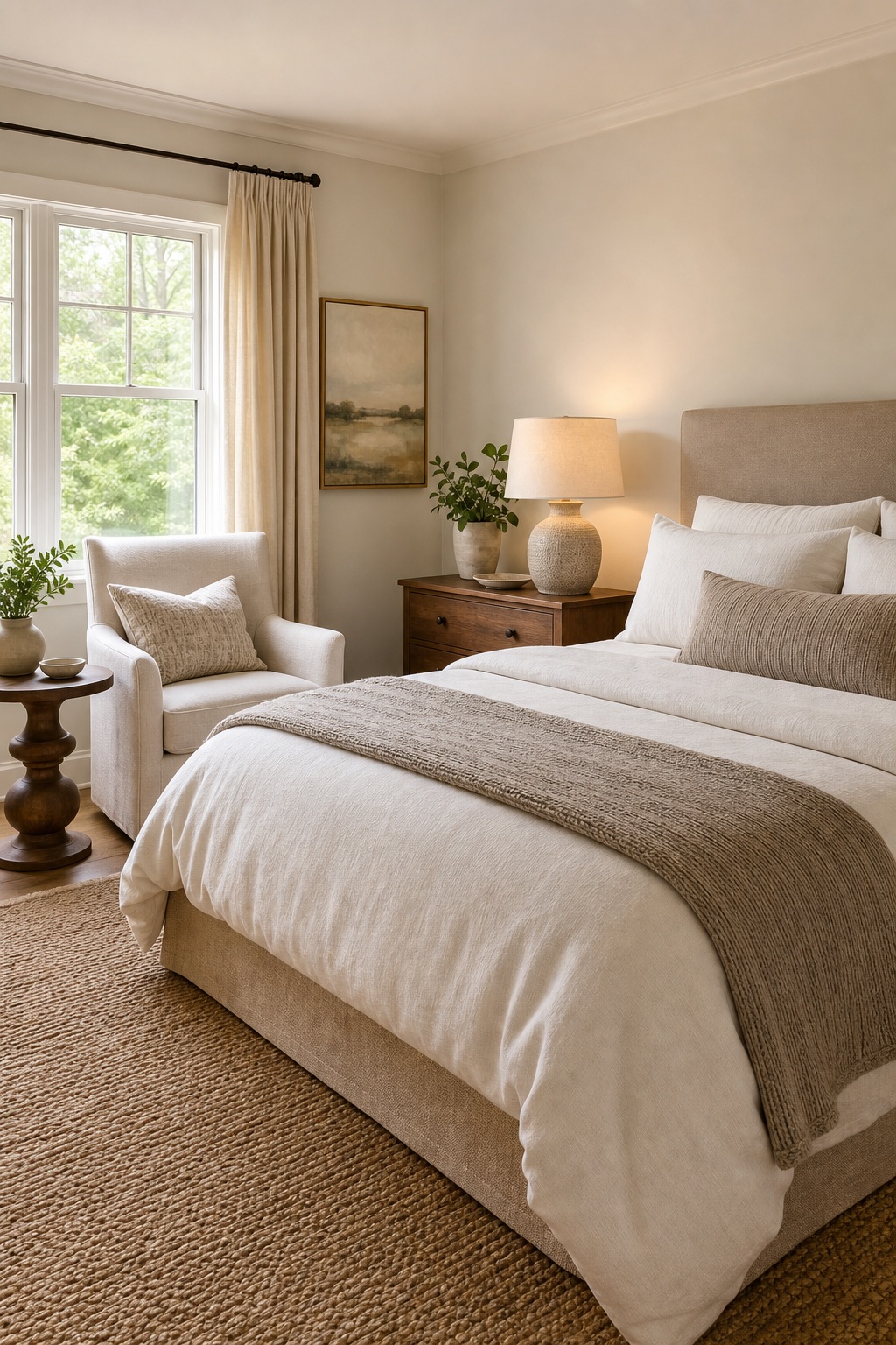 Bright staged bedroom with neutral bedding, bedside lamp, window light, and woven rug