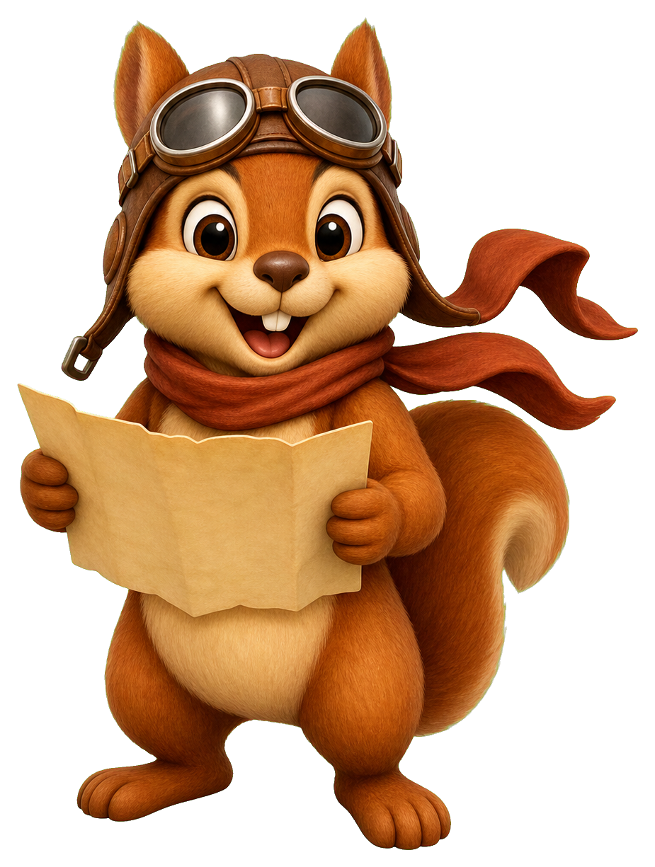 Cute squirrel pilot mascot holding a map and wearing aviator goggles and scarf