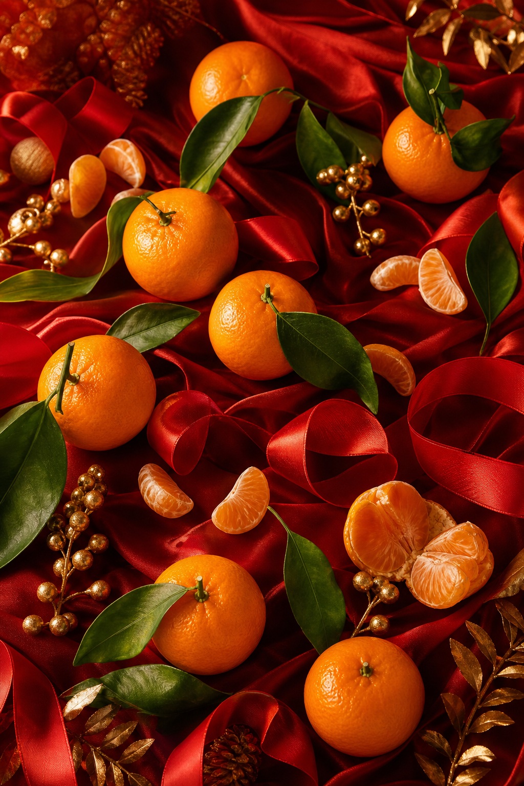 Mandarin oranges arranged on red silk ribbons with gold beads and leaves