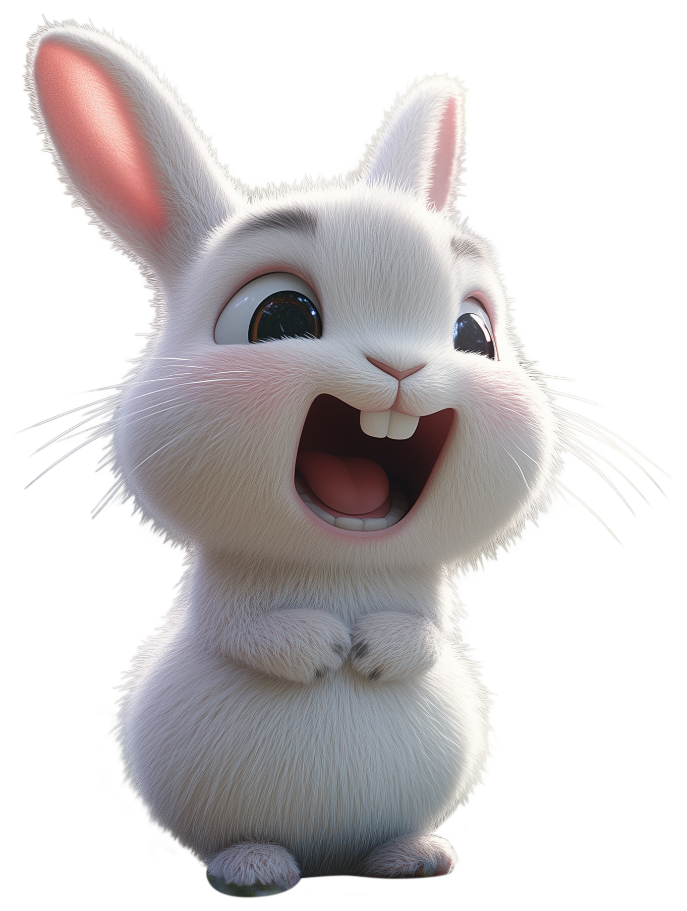 A smiling white cartoon rabbit with fluffy fur and big ears