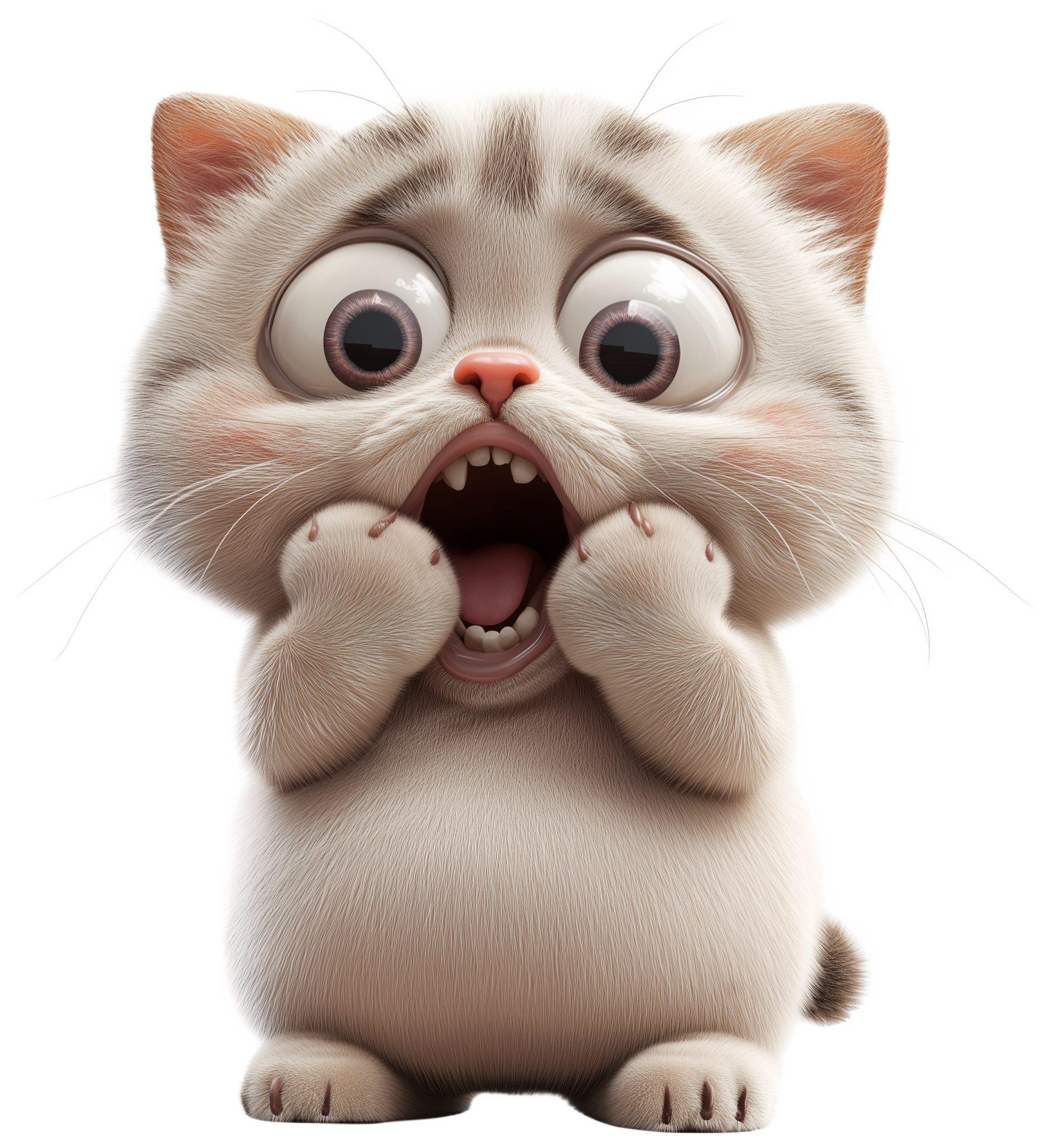 Shocked 3D cartoon cat with wide eyes and paws held to its mouth