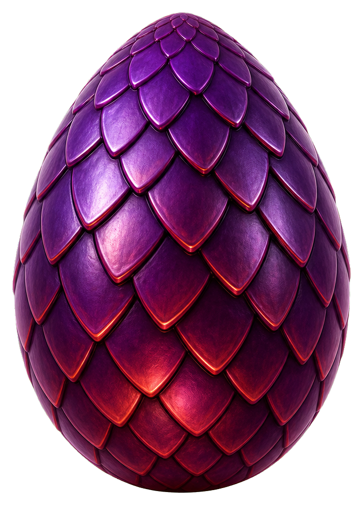 A purple dragon egg with layered scales and a glowing red center.