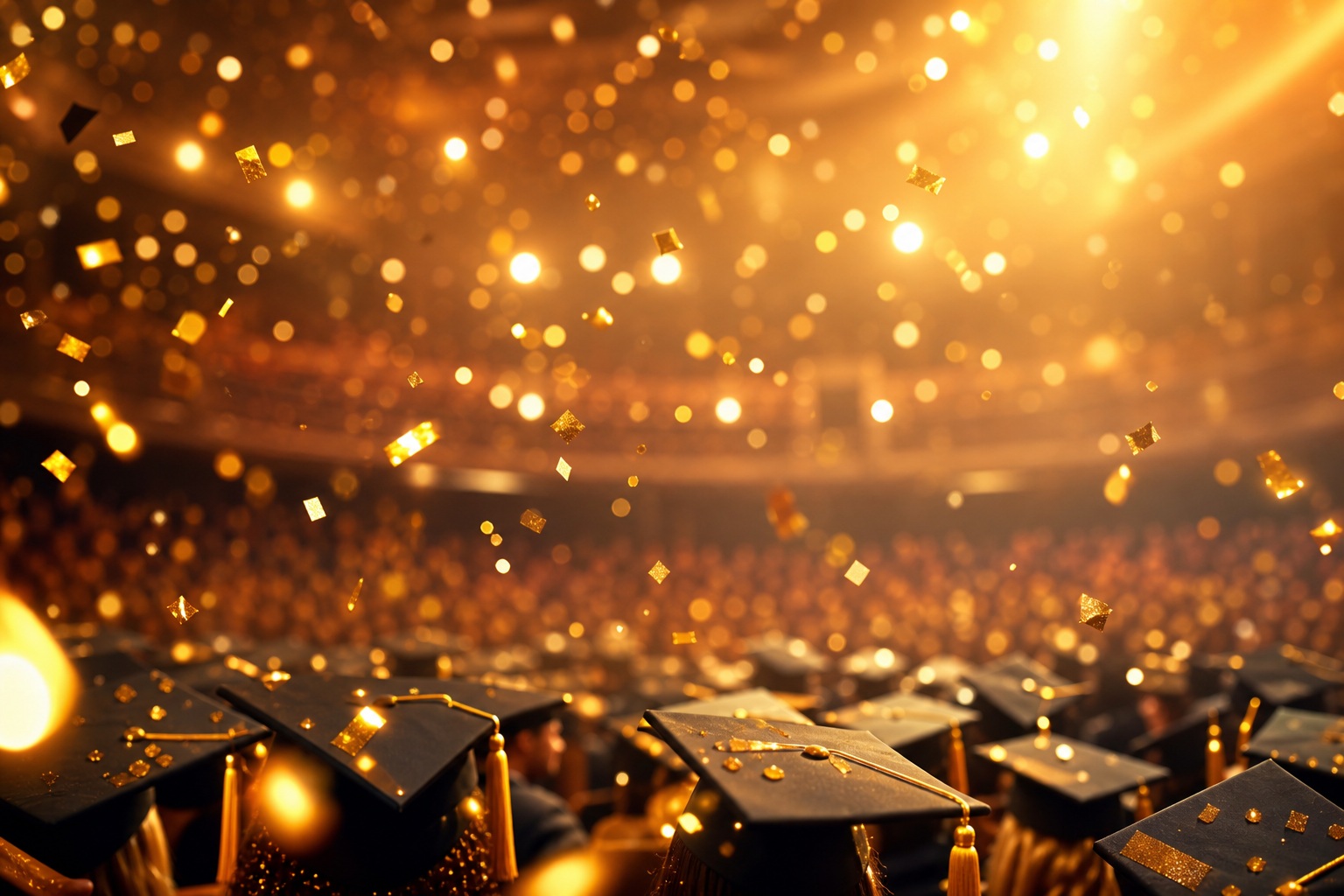 Golden bokeh lights above graduation caps in a warm auditorium setting