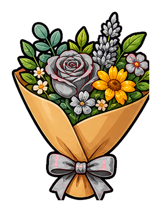 Wrapped bouquet of flowers with a black ribbon bow and colorful blossoms
