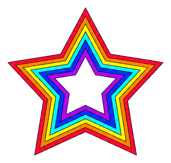 Five-point star sticker with rainbow bands and a black center