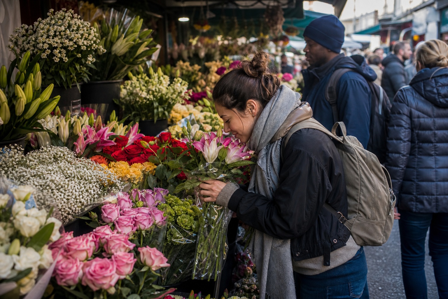 Candid shoppers browsing colorful flowers at a morning street market stall.