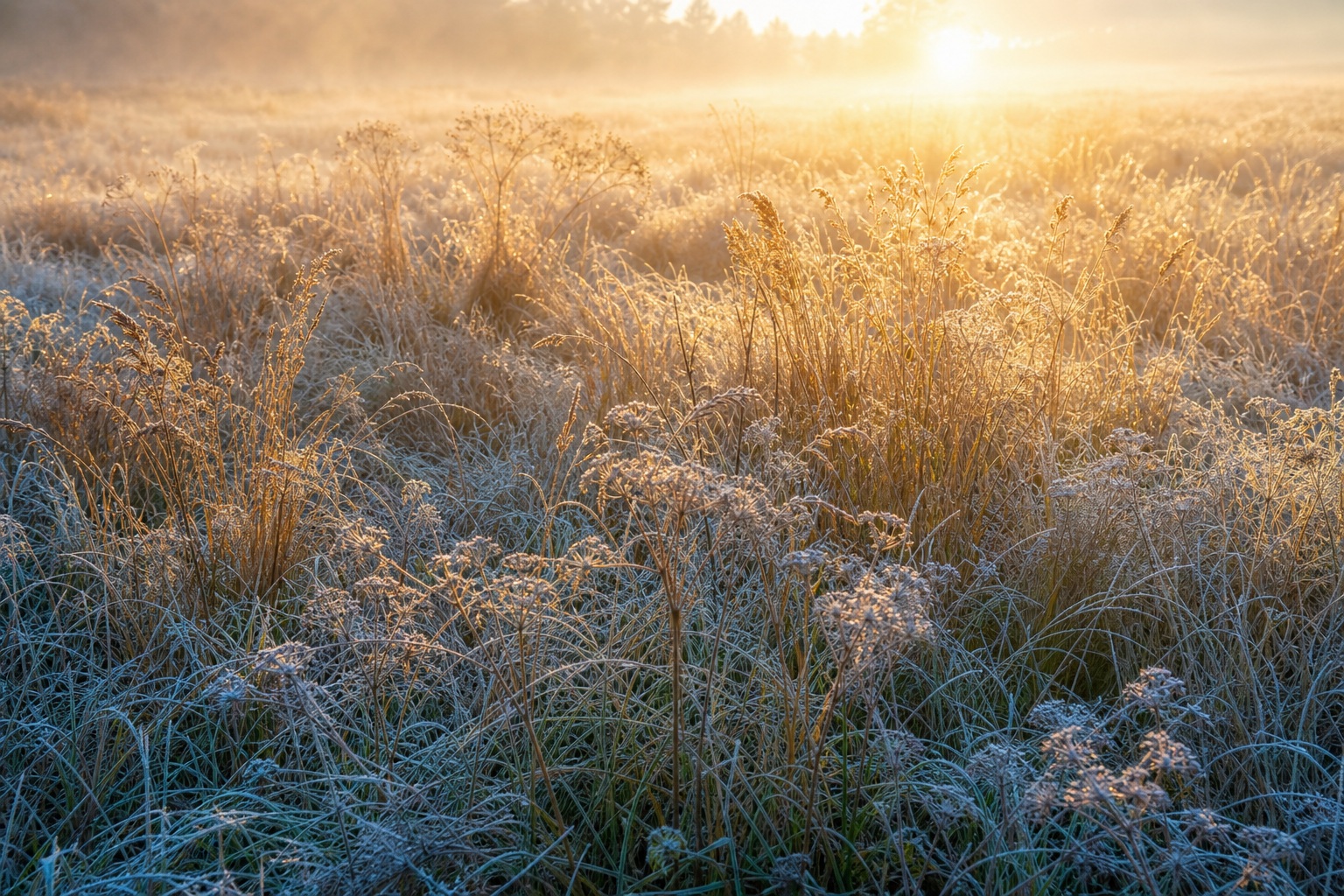 Sunrise light over a frosted meadow with soft fog and tall grass
