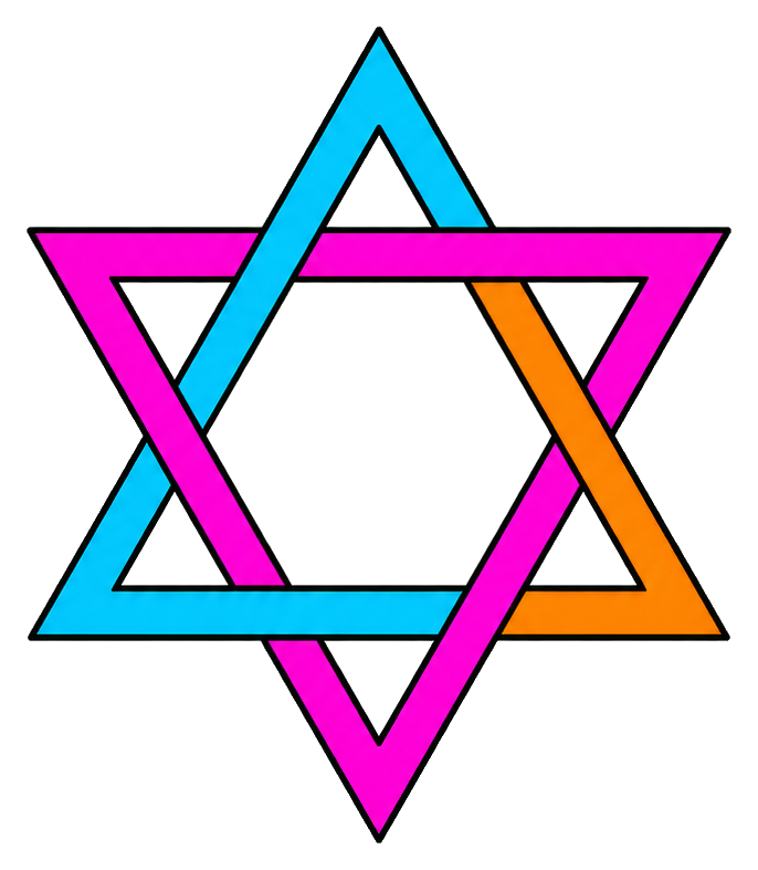 Neon outline Star of David made from overlapping pink, blue, and orange triangles on black background.