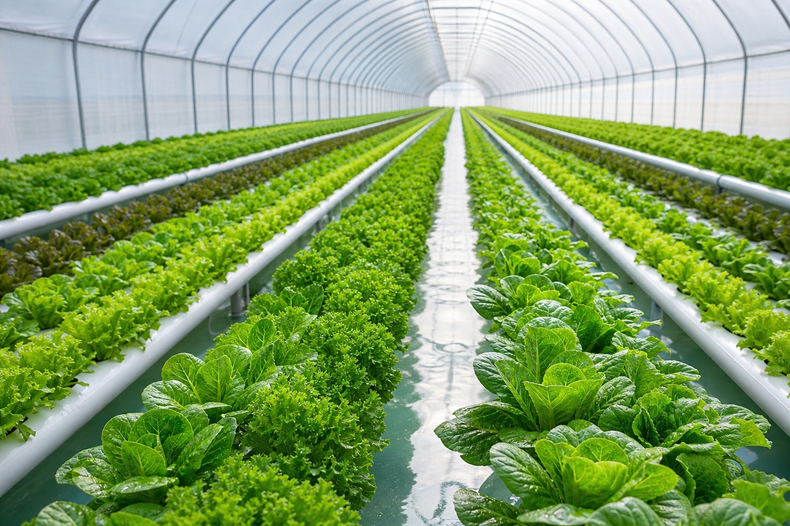 Rows of leafy green vegetables growing inside a bright greenhouse tunnel