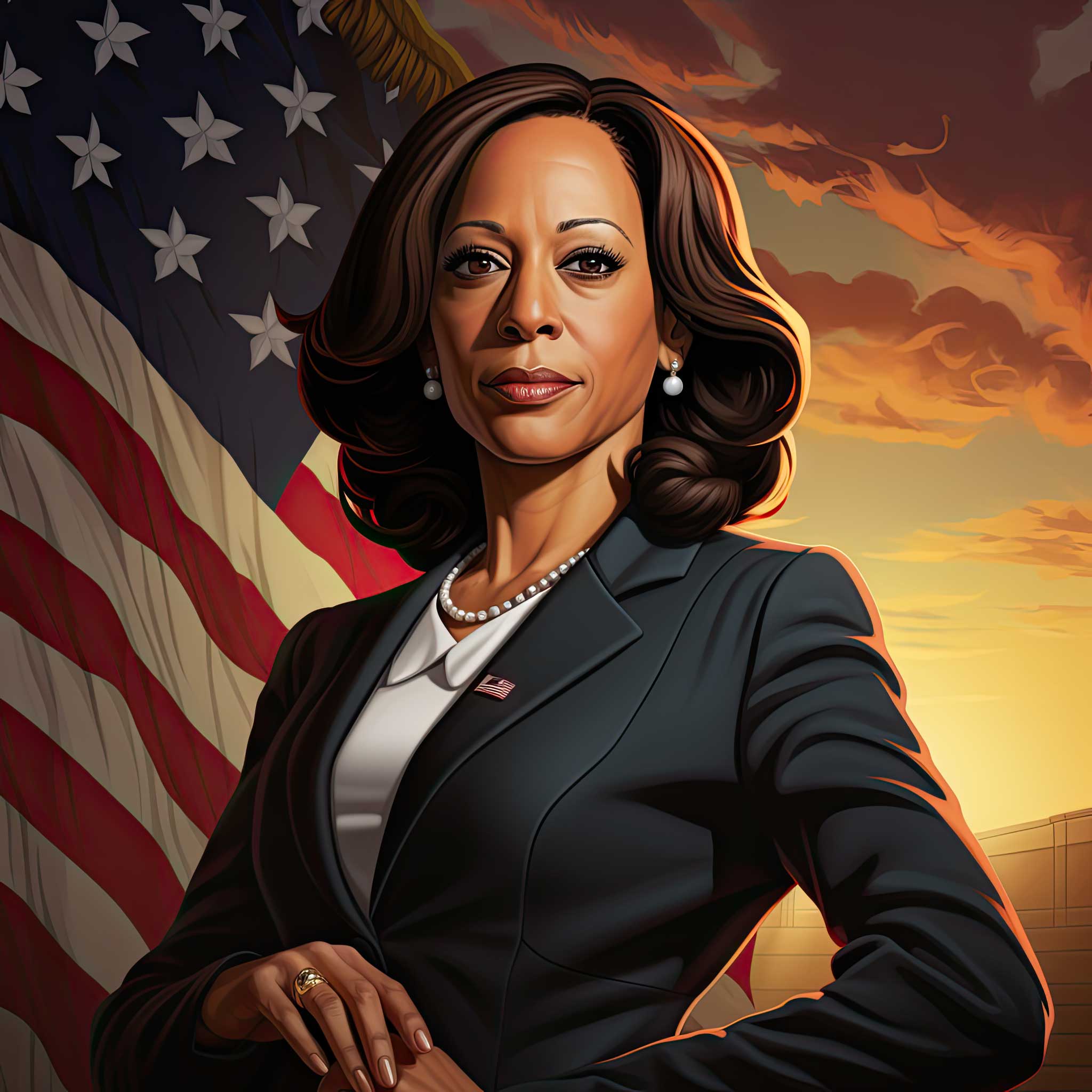 Stylized portrait of Kamala Harris in front of a U.S. flag at sunset.