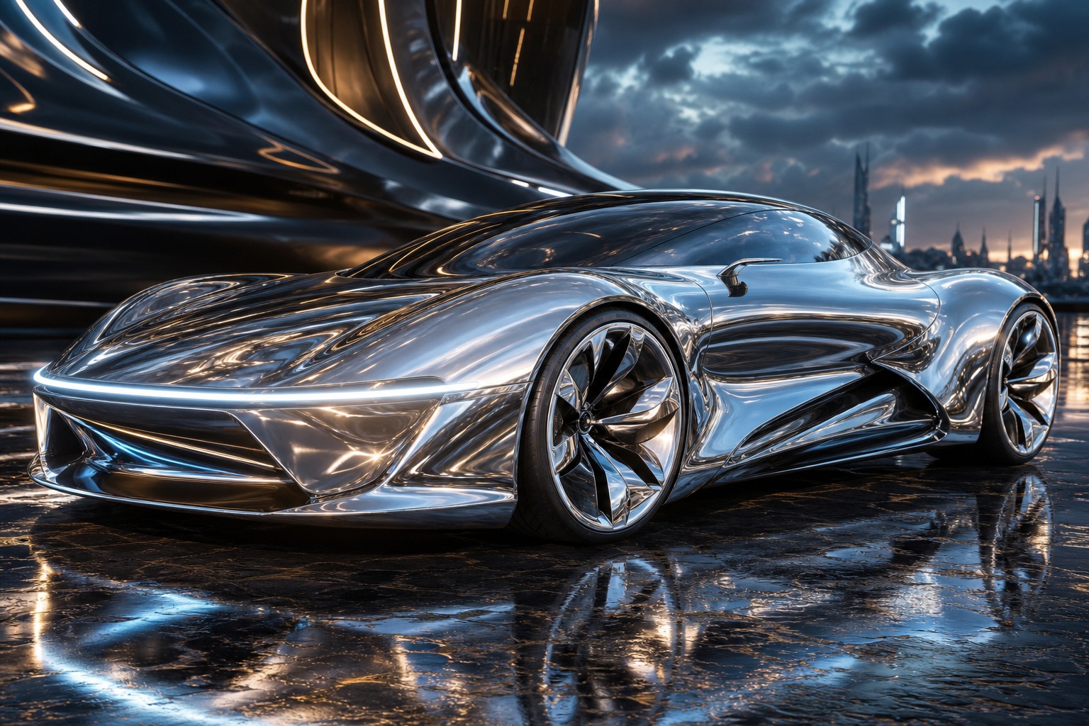 Chrome futuristic concept car parked on a reflective surface at sunset