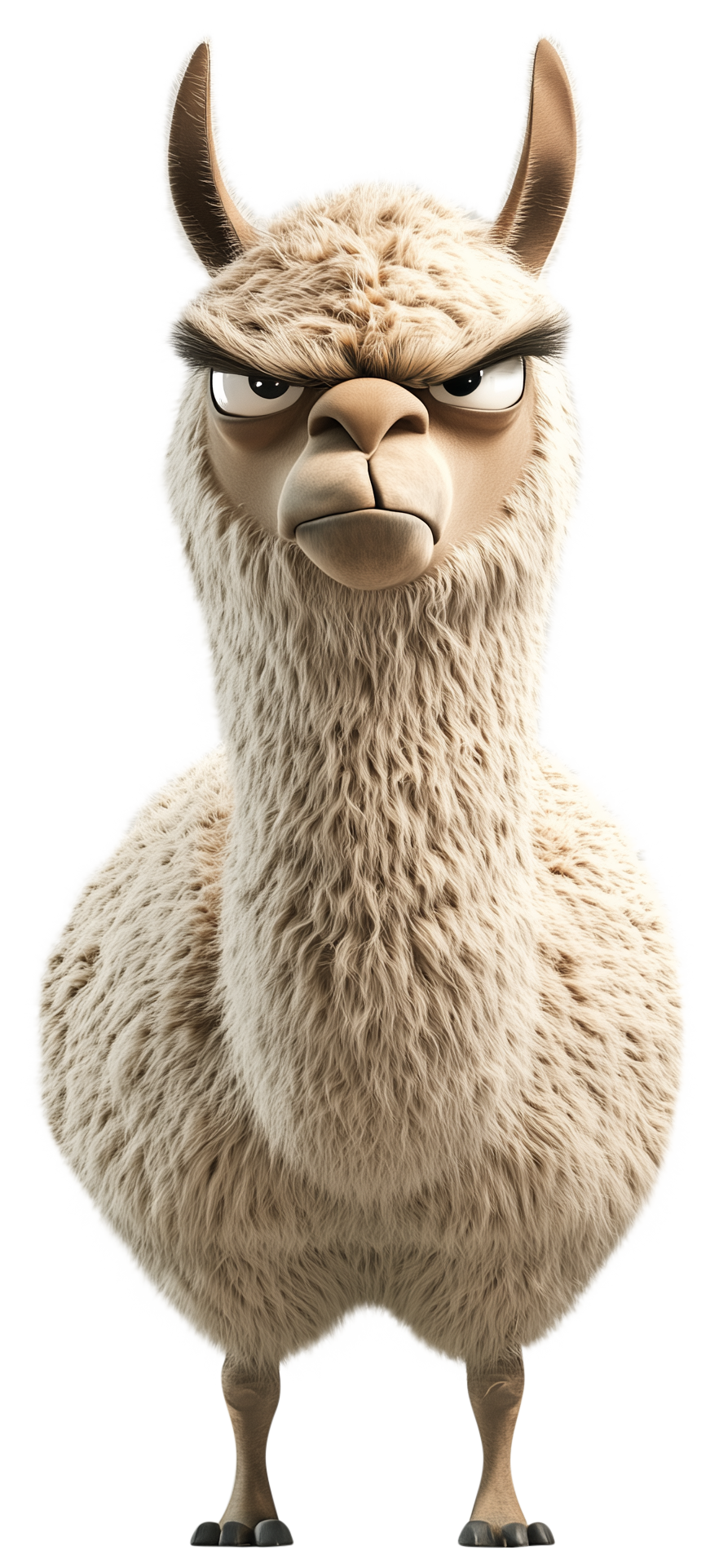 Angry-looking fluffy llama sticker facing forward on a transparent background
