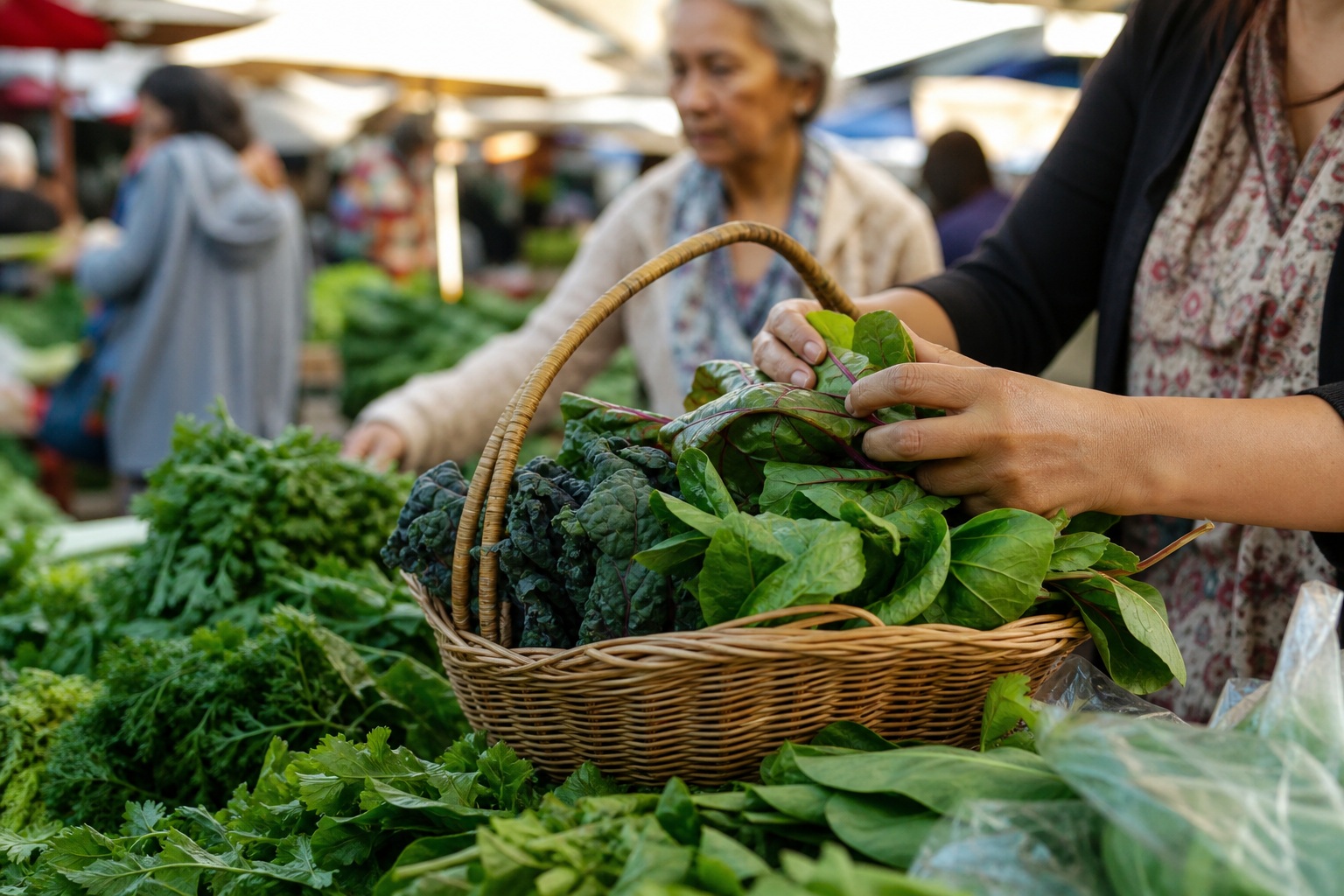 Hands selecting greens at a busy morning street market with produce stalls and shoppers