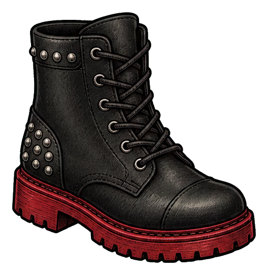 Black lace-up stage boot with silver studs and a red sole
