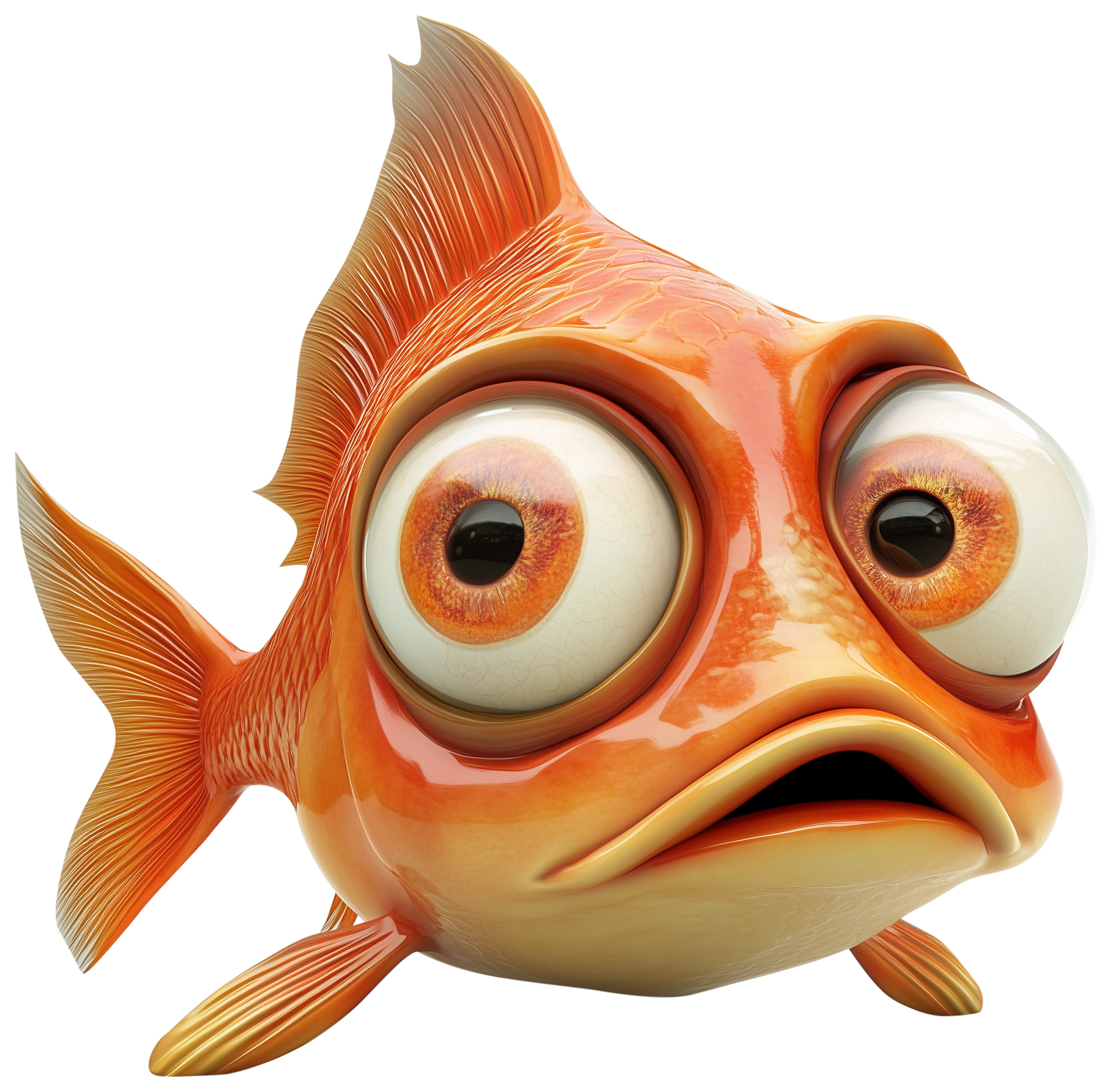 A cartoon gold fish with big eyes and an orange body