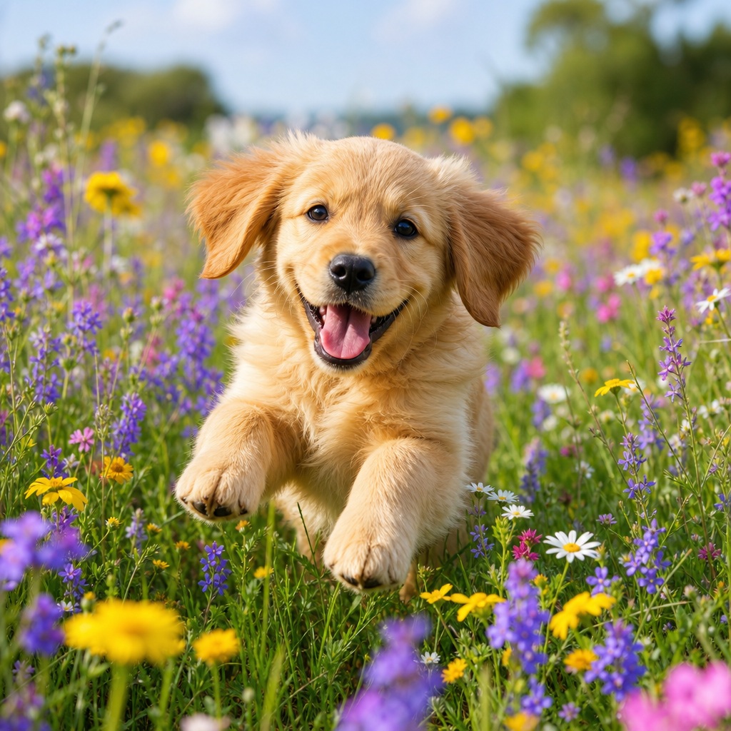 Happy golden puppy running through a colorful flower field