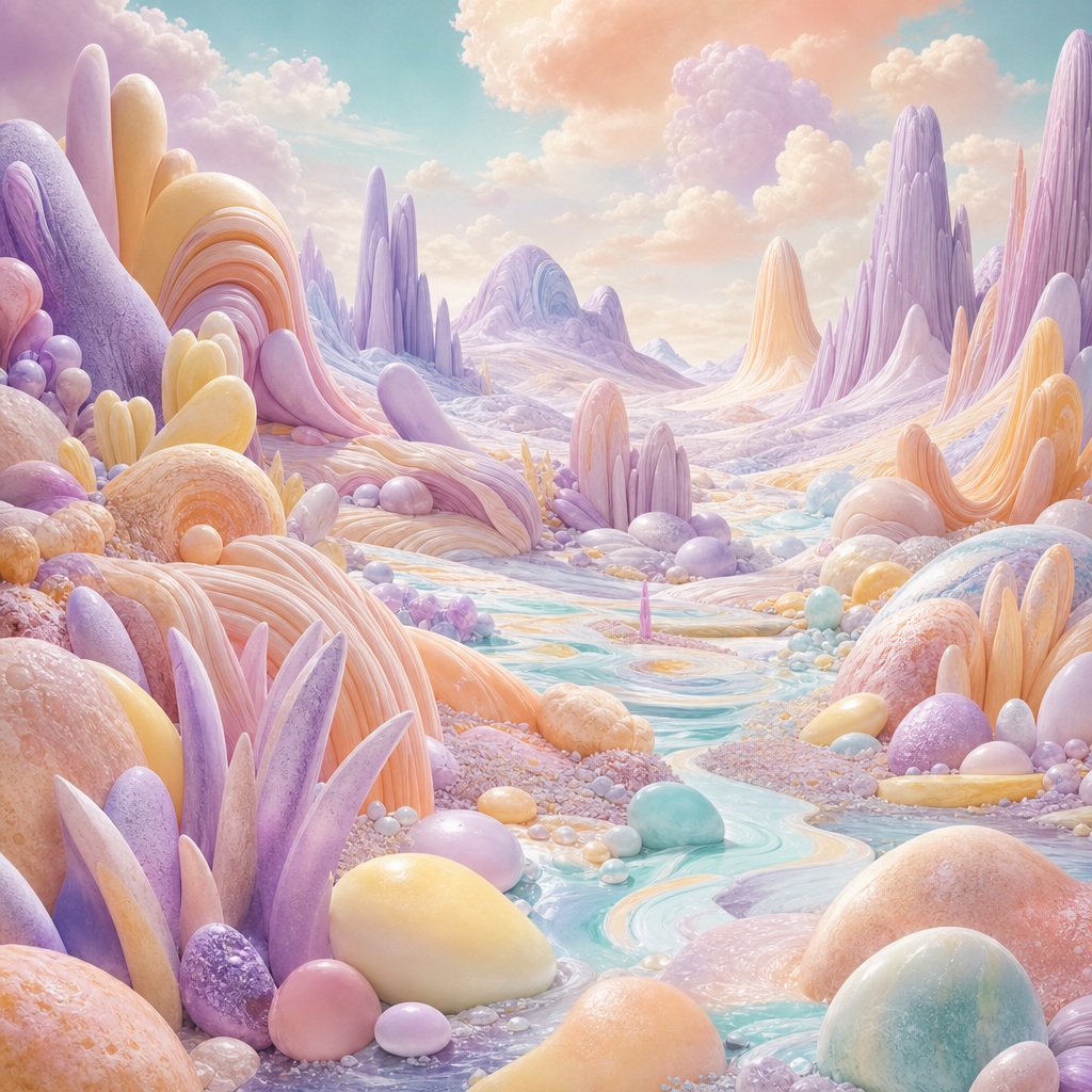 Pastel surreal meadow with crystal-like hills, soft spheres, and a winding blue stream.