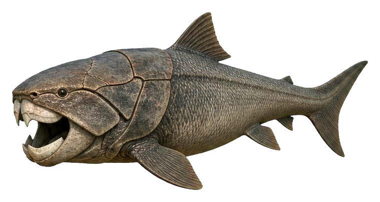 Armored prehistoric fish with a wide open mouth and dark textured body