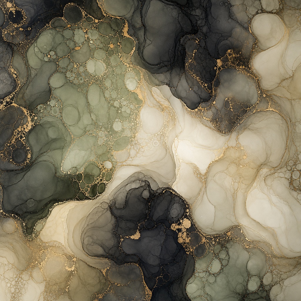 Organic cellular abstract background with charcoal, sage, beige, and gold marbling