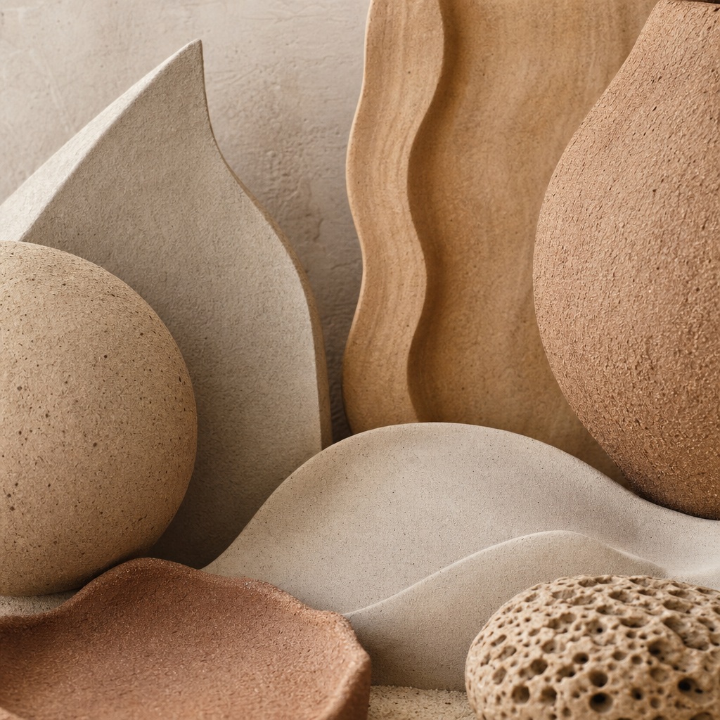 Abstract organic clay shapes in warm earth tones with soft studio lighting.