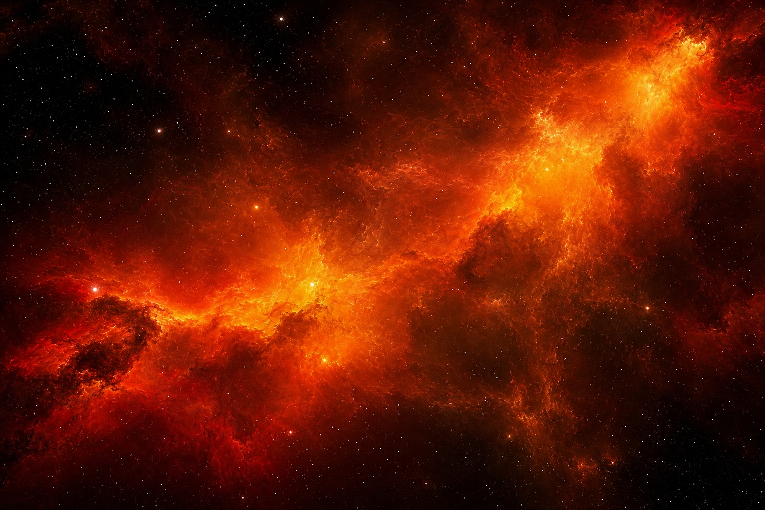 Orange cosmic dust clouds glowing across a dark space nebula with scattered stars