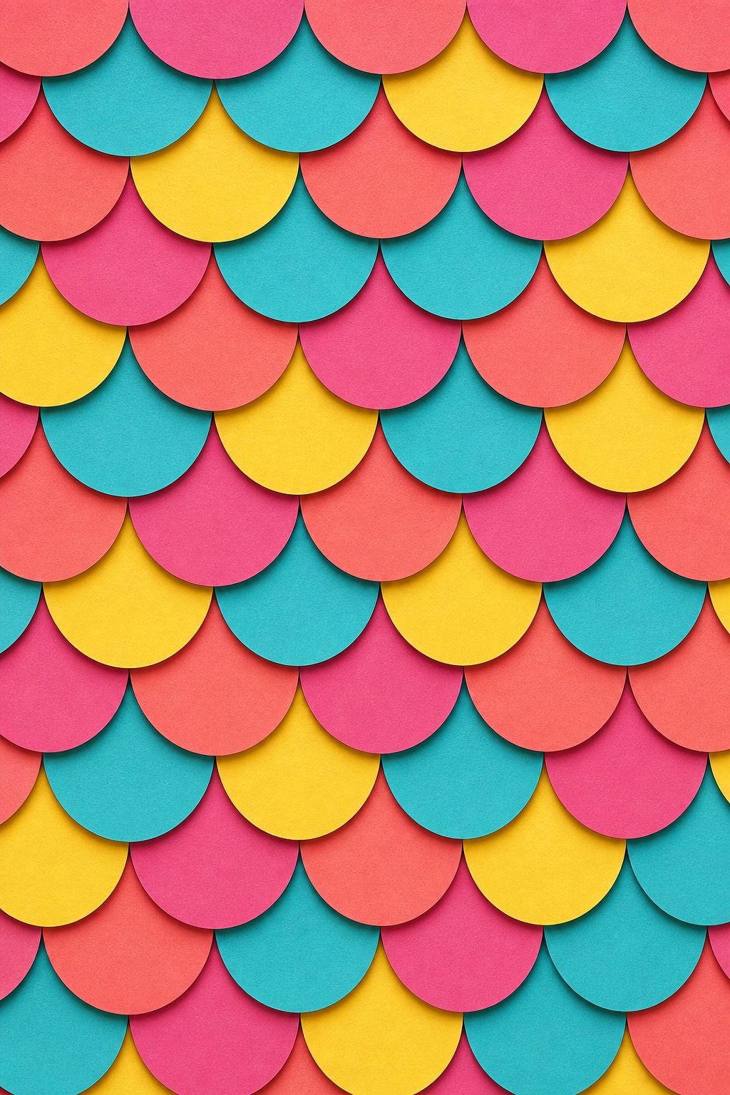 Colorful repeating scallop paper pattern with layered pink, teal, yellow, and coral arcs